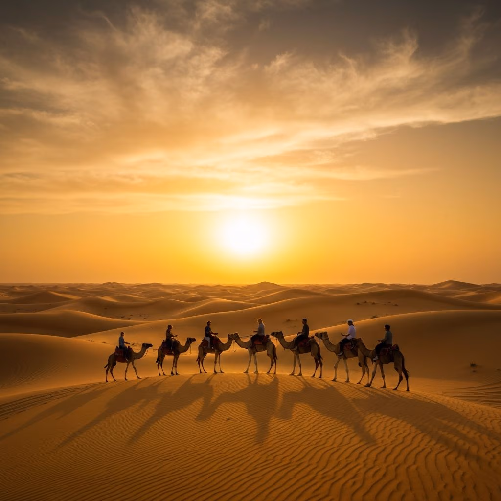 Desert safari camel ride at sunset Dubai