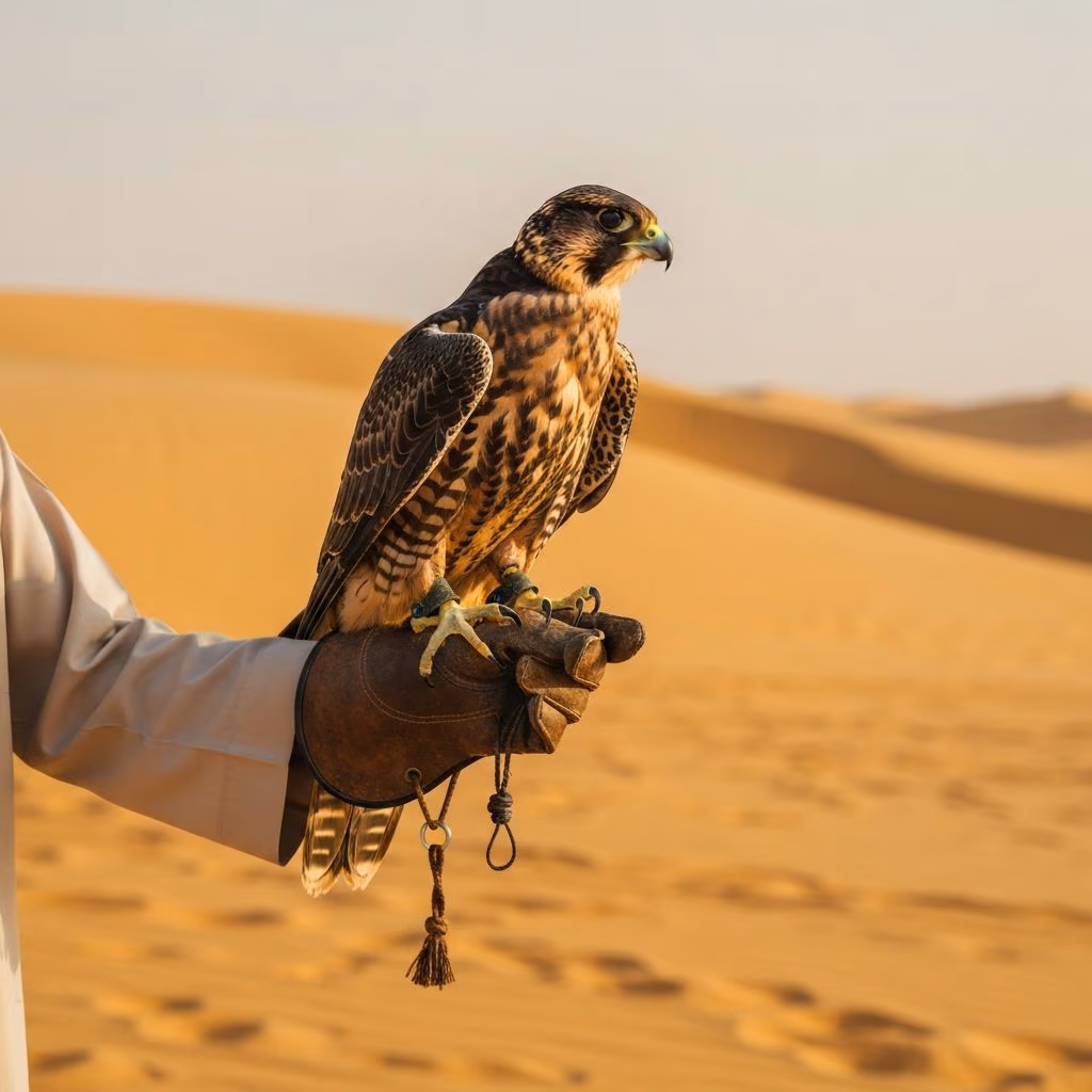 Majestic Arabian falcon display desert safari Dubai
